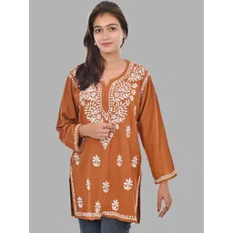 MALABIS Women Mustard Rayon Short Chikankari Top-picture-21