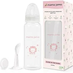 MAMA JAMA 225ml Glass Feeding Bottle Glow in The Dark Anti-Colic with Soft Silicone Valve Spoon BPA Free Non-Toxic Nursing Baby Milk Bottles Easy Flow for Toddlers to 3 Years (Pink, Lion Print)-picture-13