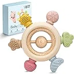 Mamarama Baby Teething Toys 3+ Months – BPA-Free Soft Silicone & Wooden Teether, Chewable Toy for Babies & Kids, Infant Rattle for Mouth & Teeth Relief (Color: Light, with Ball)-picture-22