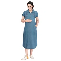 Mamma's Maternity Half Sleeves Denim Solid Maternity Dress - Light Blue-picture-13