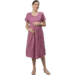 mamma's maternity Nursing/Feeding Short Night Dress – Cotton Fabric with Hidden Zippers|Floral Print|Round Neck|Pre to Post Wear-picture-44