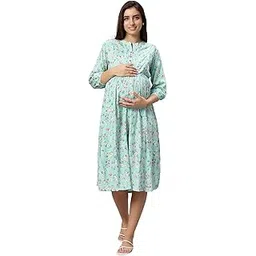 mamma's maternity Off White Floral Rayon Maternity | Feeding | Nursing Short Dress | Maternity Dress for Women | Comfortable 3/4 Sleeve | Casual Pregnancy Dress-picture-54