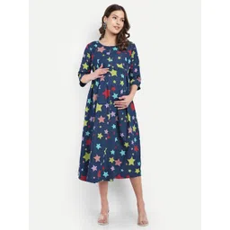 Mammas Maternity Star Printed Denim Maternity A-Line Cotton Maternity Dress-picture-32