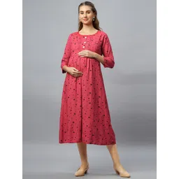 Mammas Maternity Women Floral Printed Maternity Fit-Flare Midi Dress-picture-38