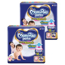 MamyPoko Extra Absorb Pants Style Diapers Medium - 74 Pieces - (Pack of 2) image 1