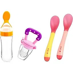 Manan Shopee Baby Feeding Set,Feeding Kit Needs Items All In One 1-Feeder 2 Color Changing Temper-Sensor Spoon And 1- Food Fruit Nibbler (Combo Pack) (Multicolor8), 90 Ml-image-2