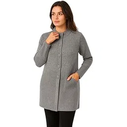 manera Premium Women's Woolen Knitted Designer Cardigan Sweater, Grey, Mock Neck, Ribbed Hem, Long Sleeve Winter Wear, RS883-picture-10