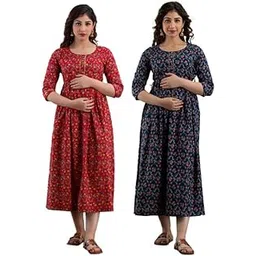 mangla kurti Women's Pure Cotton Printed Maternity Gown Feeding Nighty A-line Maternity Dress Kurti Gown for Women Pack of 2-picture-10