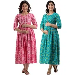mangla kurti Women's Pure Cotton Printed Maternity Gown Feeding Nighty A-line Maternity Dress Kurti Gown for Women Pack of 2-picture-11