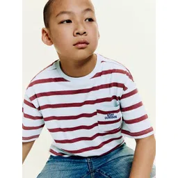 Mango Kids Boys Striped Pure Cotton Drop-Shoulder Sleeves T-shirt-image-49