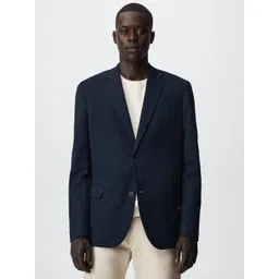 MANGO MAN Navy Blue Solid Notched Lapel Single-Breasted Sustainable Blazer-picture-28