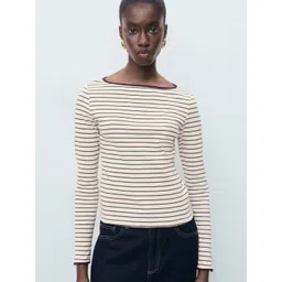 MANGO Boat Neck Striped Pure Cotton T-shirt-picture-18