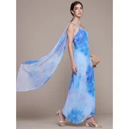 MANGO Floral Print One Shoulder Scarf Neck Georgette Asymmetric Maxi A-Line Dress image 1