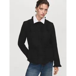 MANGO Frayed Detail Round Neck Tailored Jacket-image-0