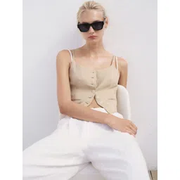 MANGO Round Neck Pocket Detail Paneled Crinkled Crop Waistcoat-picture-13