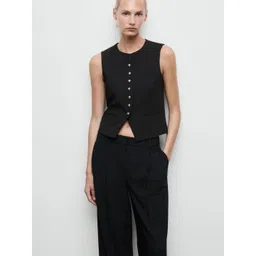 MANGO Solid Round Neck Waistcoat With Front Slit-picture-39