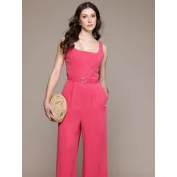 MANGO Solid Square Neck Sleeveless Belted Basic Jumpsuit-picture-37