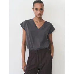 MANGO V-Neck Studded Extended Sleeves Pure Cotton T-shirt-picture-32