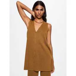 MANGO Women Brown Solid Linen Blend Oversized Longline Cardigan-picture-40