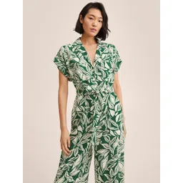 MANGO Women Green & Off White Abstract Printed Extended Sleeves Shirt Collar Jumpsuit-picture-28