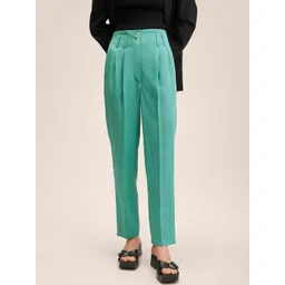 MANGO Women Green Solid Pleated Trousers-picture-34