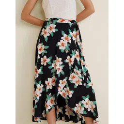 MANGO Women Navy Blue & Off-White Floral Print Wrap Skirt-picture-29