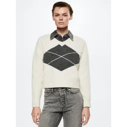 MANGO Women Off White & Charcoal Grey Argyle Sustainable Pullover-picture-25