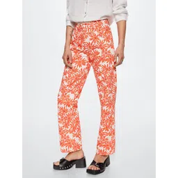 MANGO Women Off White & Rust Orange Pure Cotton Floral Printed Straight Fit Low-Rise Jeans-picture-22