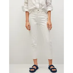 MANGO Women White Mom Fit Mid-Rise Clean Look Pure Cotton Cropped Sustainable Jeans-picture-34