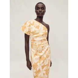 MANGO SELECTION Floral Print One Shoulder Linen Midi Dress-picture-12