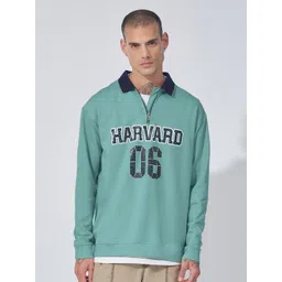 Maniac Alphanumeric Printed Polo Collar Long Sleeves Zip Detail Cotton Pullover Sweatshirt-picture-24