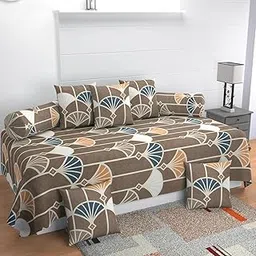 MANIQATEX Diwan Cover Set with 7 Pieces, Art Deco Fan Pattern, Brown and Blue, Cotton-picture-33