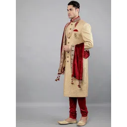 Manish Creations Mandarin Collar Brocade Sherwani Set-picture-20