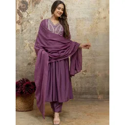 MANJALI DESIGN Women Ethnic Motifs Embroidered Empire Thread Work Kurta with Trousers & With Dupatta-picture-29