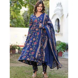 MANOJAVA Floral Printed V-Neck Empire Pure Cotton Kurta With Trouser With Dupatta-picture-33