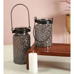 Roshni Patterned 9.5 Inch Black Glass & Iron Candle Holder-image-22