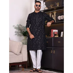MANQ Men Black Cotton Blend Embroidered Sequinned Kurta with Trousers-picture-12