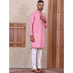 MANQ Men Ethnic Motifs Embroidered Sequinned Chanderi Silk Kurta with Trousers-picture-18
