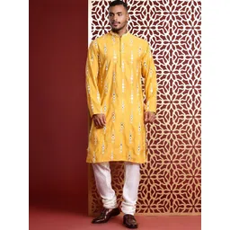 MANQ Men Geometric Striped Mirror Work Kurta-picture-17