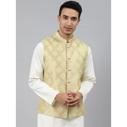 MANQ Men Green Woven-Design Jaquard Silk Nehru Jackets-picture-31
