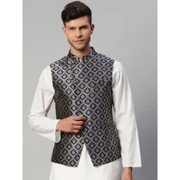 MANQ Men Navy Blue & Gold Ethnic Motifs Jaquard Woven Design Nehru jacket-picture-40