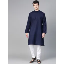 MANQ Men Navy Blue & White Solid Kurta with Pyjamas-picture-22