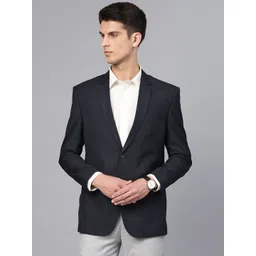 MANQ Men Navy Blue Slim Fit Solid Single Breasted Formal Blazer-picture-24