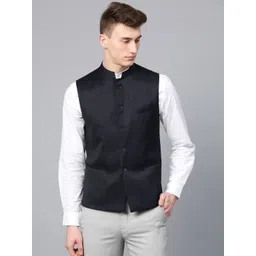 MANQ Men Navy Blue Solid Slim Fit Nehru Jacket-picture-16