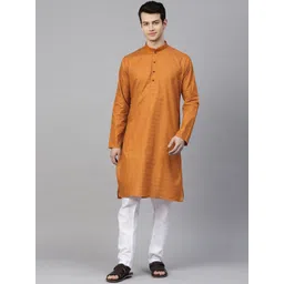 MANQ Men Rust Orange & White Self Striped Kurta with Pyjamas-picture-38