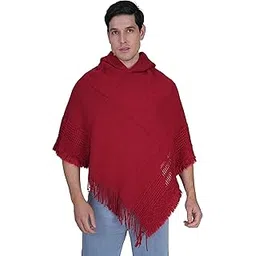 manra Men's Woolen Hooded Neck Solid Frill Poncho with Cap for Winter-picture-4