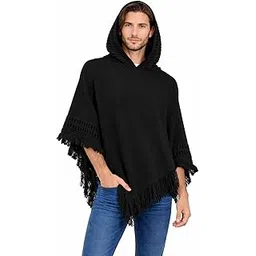 manra Men's Woolen Hooded Neck Solid Frill Poncho with Cap for Winter (L, BLACK)-picture-16