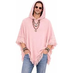 manra Men's Woolen Hooded Neck Solid Frill Poncho with Cap for Winter (L, PINK)-picture-15