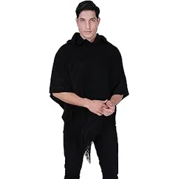 manra Men's Woolen Hooded Poncho with Cap, Turtle Neck, Solid Pattern, 3/4 Sleeve, Winter Casual Wear, Regular Fit (M, Black)-picture-3