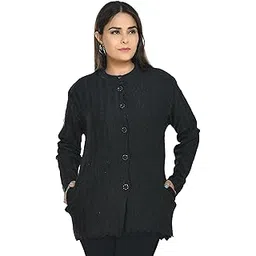 manra Women Woolen Round Neck Solid Plain Cardigan, Sweater for Winter (Black_M)-picture-6
